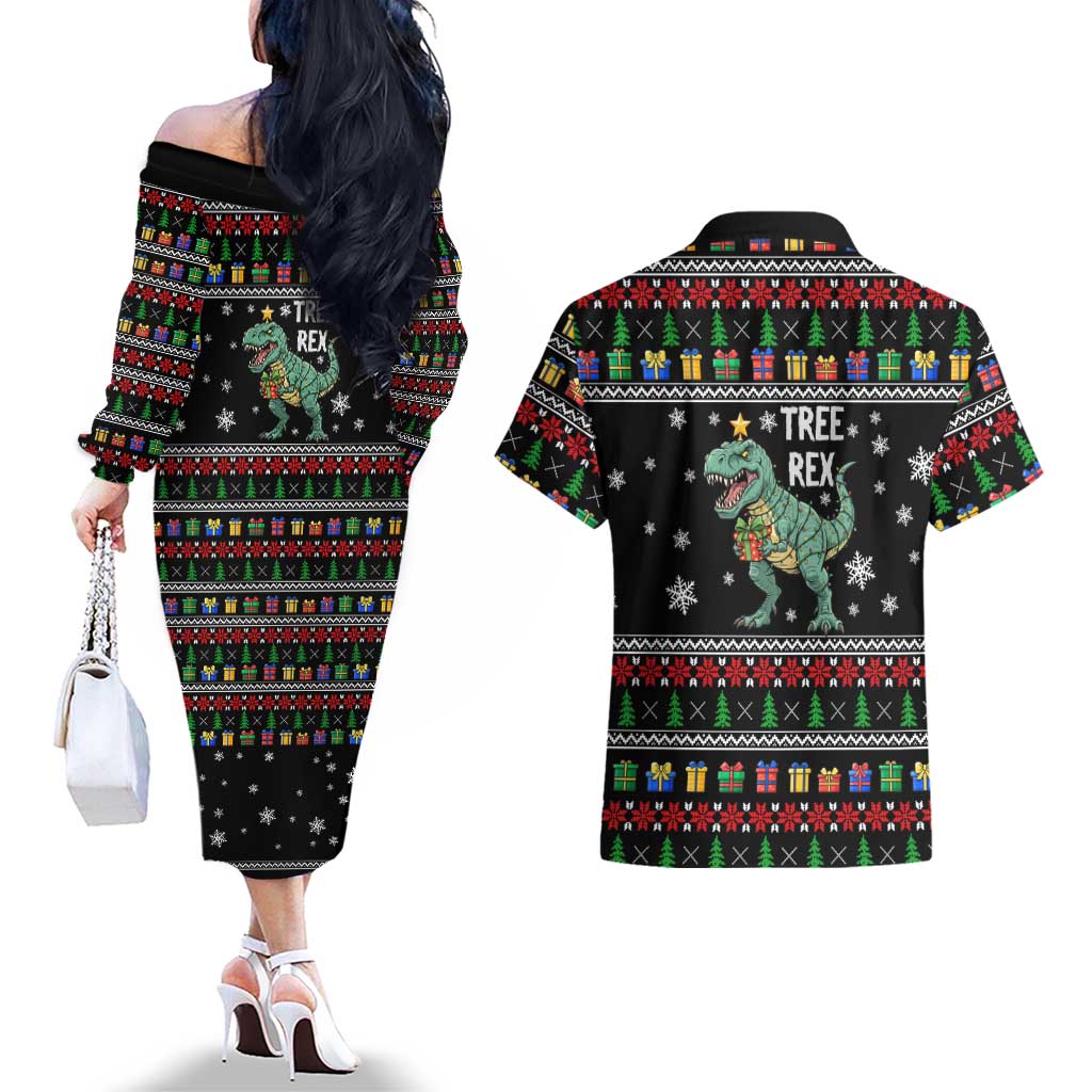 Tree Rex Christmas Couples Matching Off The Shoulder Long Sleeve Dress and Hawaiian Shirt Xmas Holiday Patterns - Wonder Print Shop