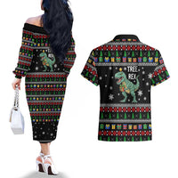 Tree Rex Christmas Couples Matching Off The Shoulder Long Sleeve Dress and Hawaiian Shirt Xmas Holiday Patterns - Wonder Print Shop