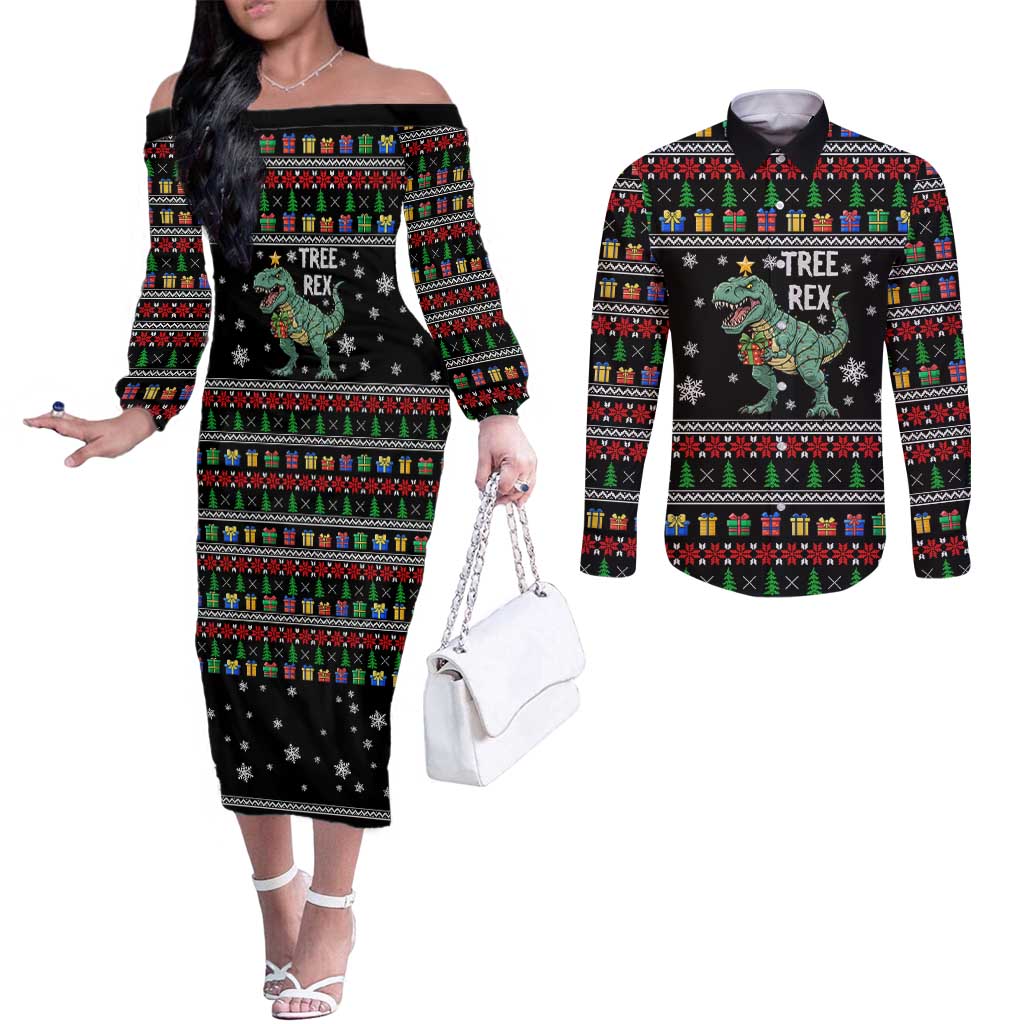 Tree Rex Christmas Couples Matching Off The Shoulder Long Sleeve Dress and Long Sleeve Button Shirt Xmas Holiday Patterns - Wonder Print Shop