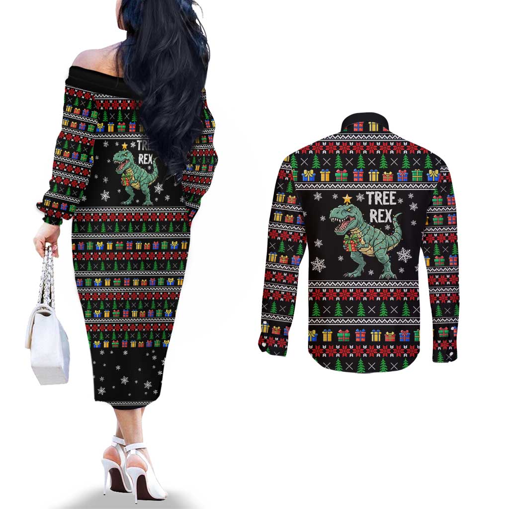 Tree Rex Christmas Couples Matching Off The Shoulder Long Sleeve Dress and Long Sleeve Button Shirt Xmas Holiday Patterns - Wonder Print Shop
