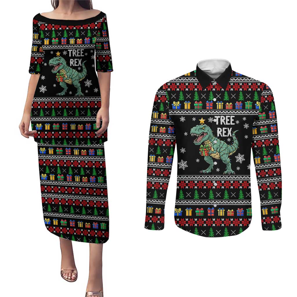 Tree Rex Christmas Couples Matching Puletasi and Long Sleeve Button Shirt Xmas Holiday Patterns - Wonder Print Shop