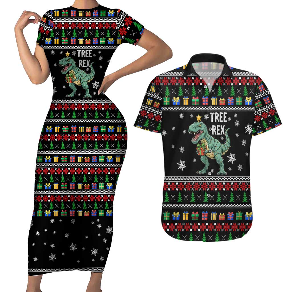 Tree Rex Christmas Couples Matching Short Sleeve Bodycon Dress and Hawaiian Shirt Xmas Holiday Patterns - Wonder Print Shop