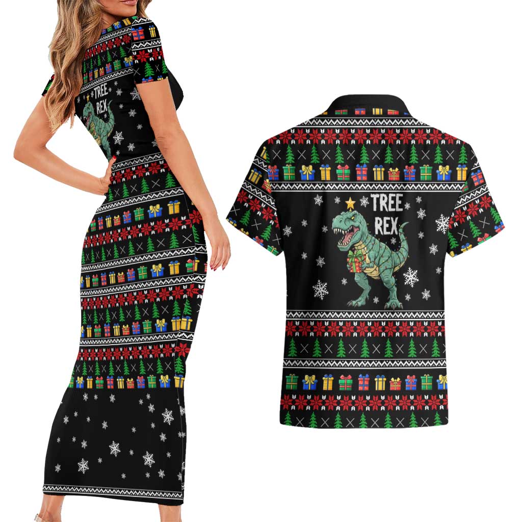 Tree Rex Christmas Couples Matching Short Sleeve Bodycon Dress and Hawaiian Shirt Xmas Holiday Patterns - Wonder Print Shop