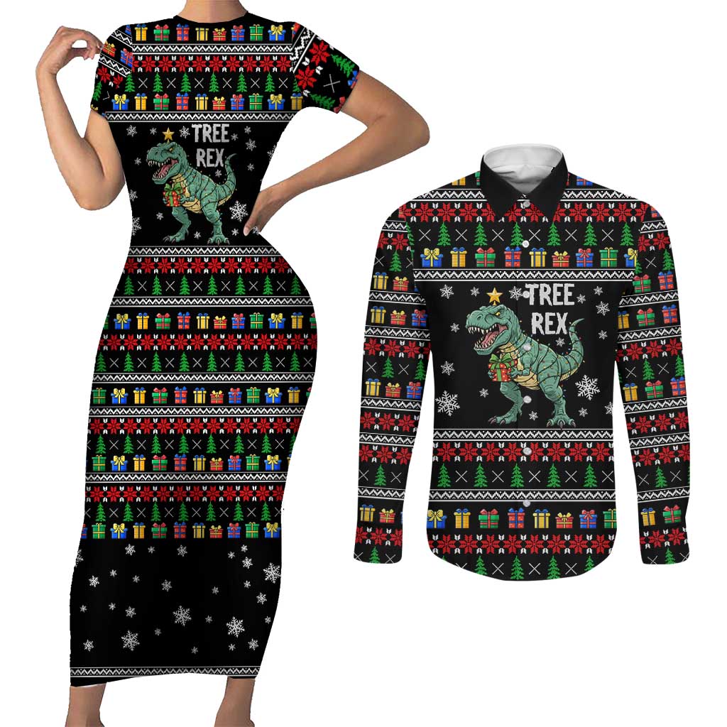 Tree Rex Christmas Couples Matching Short Sleeve Bodycon Dress and Long Sleeve Button Shirt Xmas Holiday Patterns - Wonder Print Shop