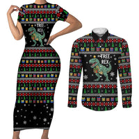 Tree Rex Christmas Couples Matching Short Sleeve Bodycon Dress and Long Sleeve Button Shirt Xmas Holiday Patterns - Wonder Print Shop
