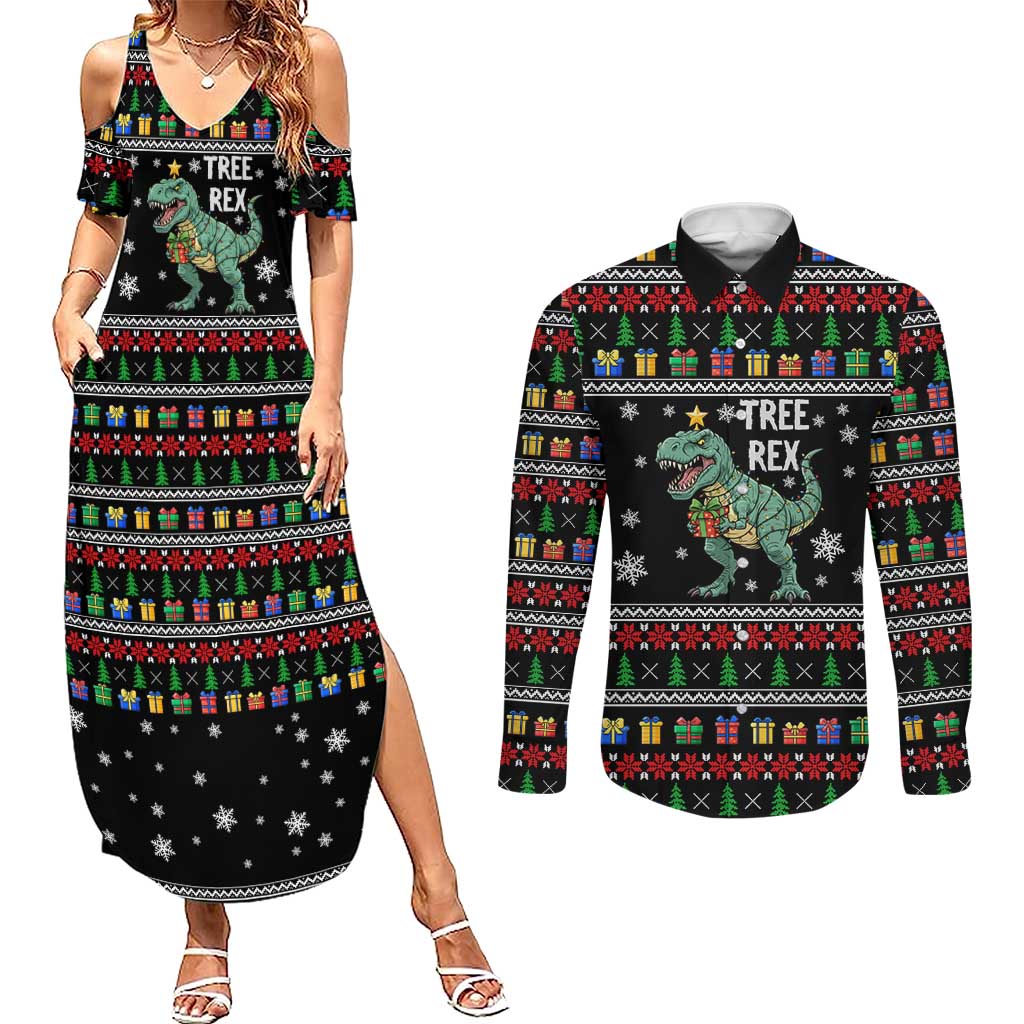 Tree Rex Christmas Couples Matching Summer Maxi Dress and Long Sleeve Button Shirt Xmas Holiday Patterns - Wonder Print Shop
