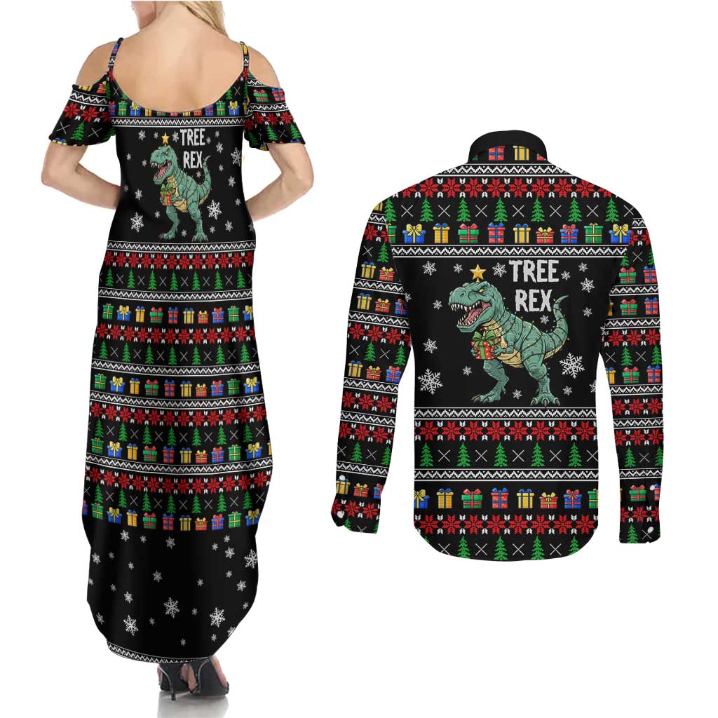 Tree Rex Christmas Couples Matching Summer Maxi Dress and Long Sleeve Button Shirt Xmas Holiday Patterns - Wonder Print Shop
