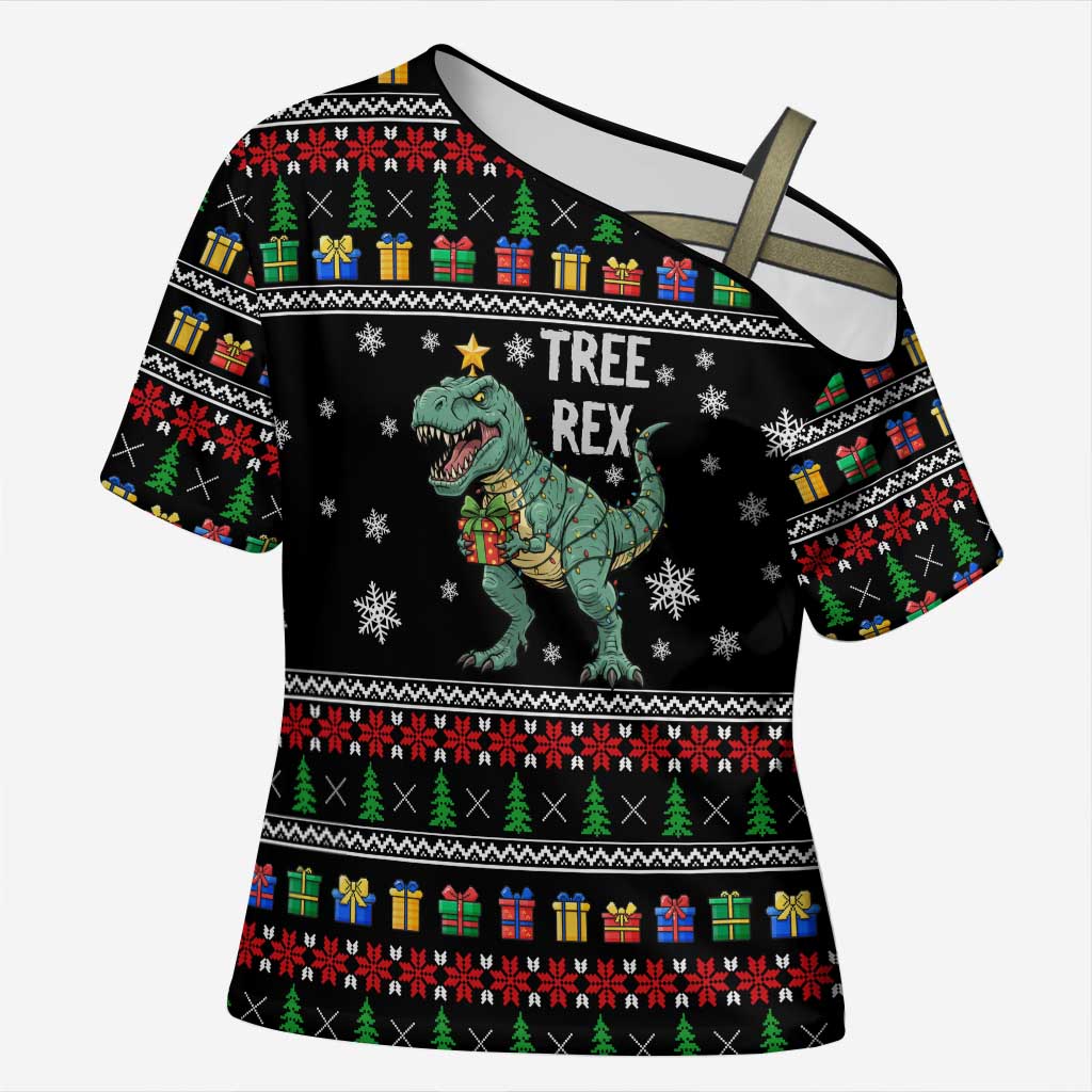 Tree Rex Christmas Cross Shoulder Shirt Xmas Holiday Patterns - Wonder Print Shop