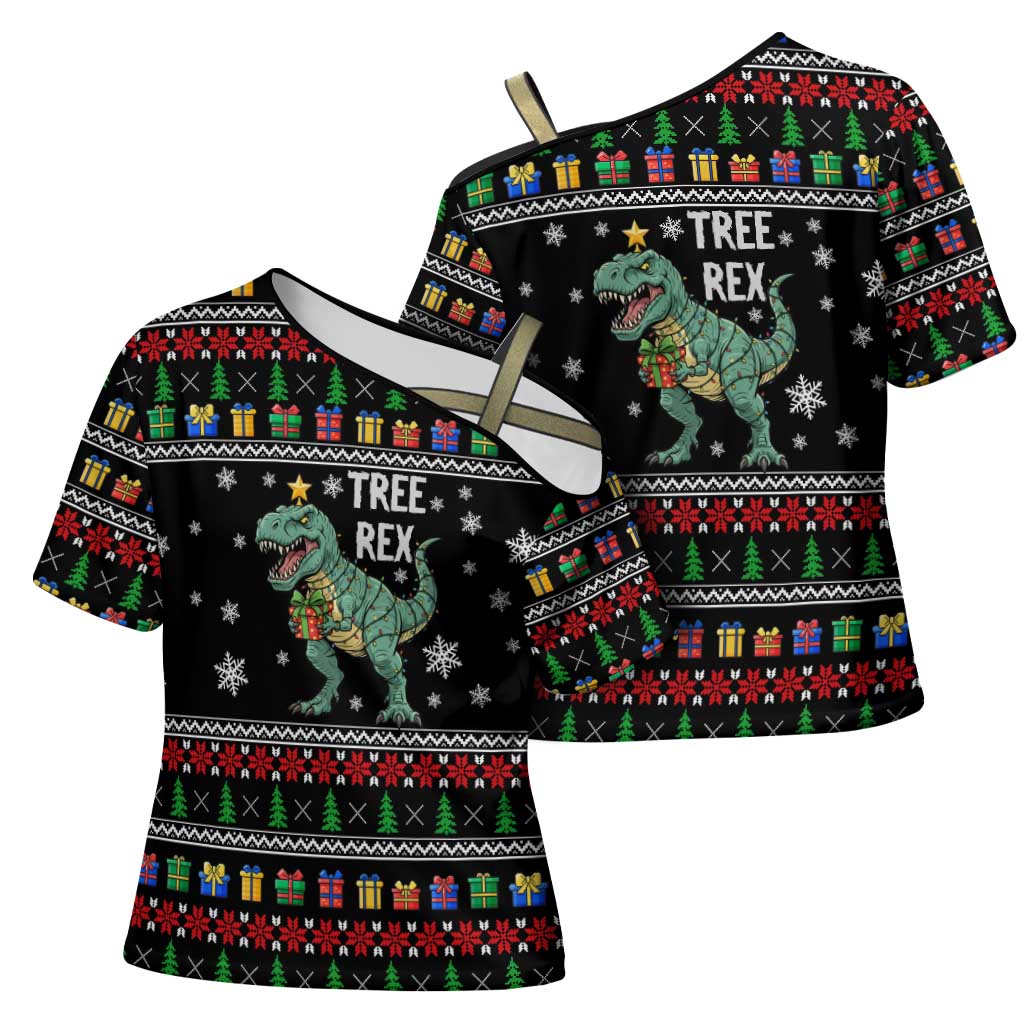 Tree Rex Christmas Cross Shoulder Shirt Xmas Holiday Patterns - Wonder Print Shop