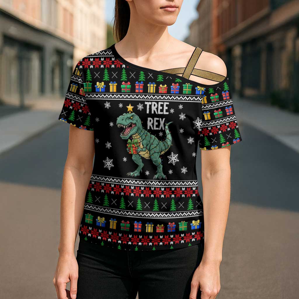 Tree Rex Christmas Cross Shoulder Shirt Xmas Holiday Patterns - Wonder Print Shop