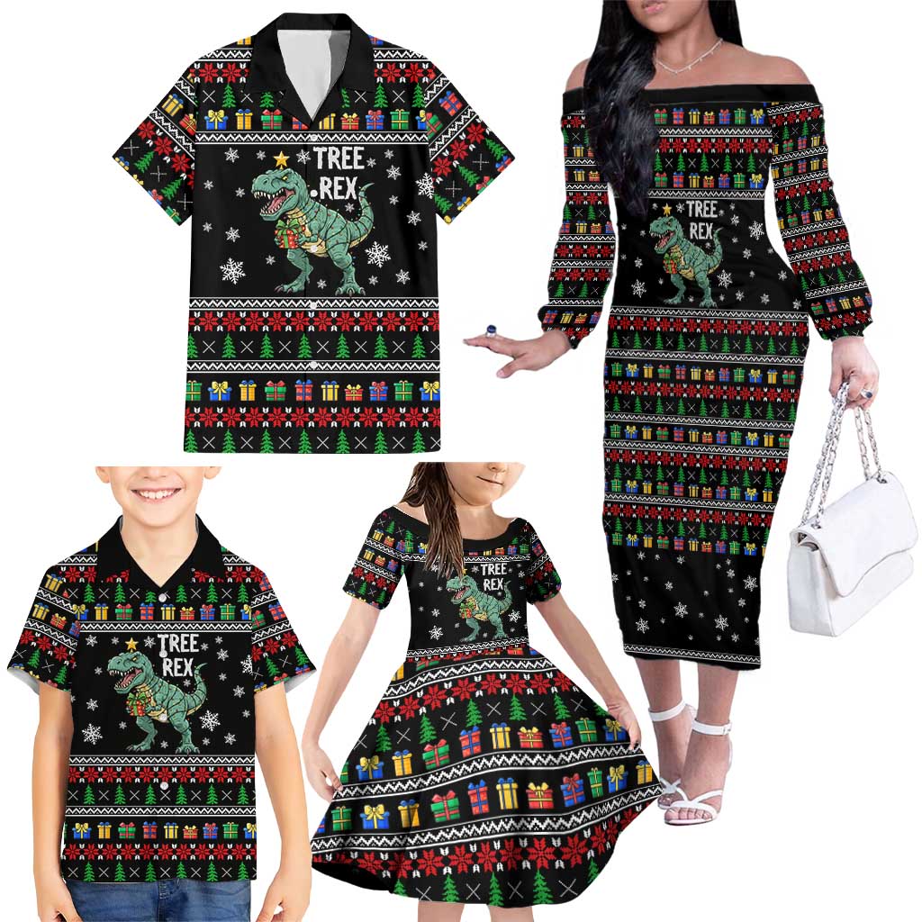 Tree Rex Christmas Family Matching Off The Shoulder Long Sleeve Dress and Hawaiian Shirt Xmas Holiday Patterns - Wonder Print Shop