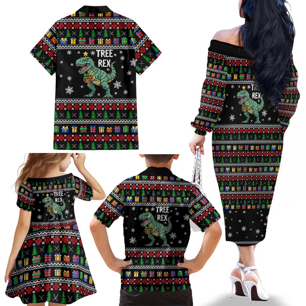 Tree Rex Christmas Family Matching Off The Shoulder Long Sleeve Dress and Hawaiian Shirt Xmas Holiday Patterns - Wonder Print Shop