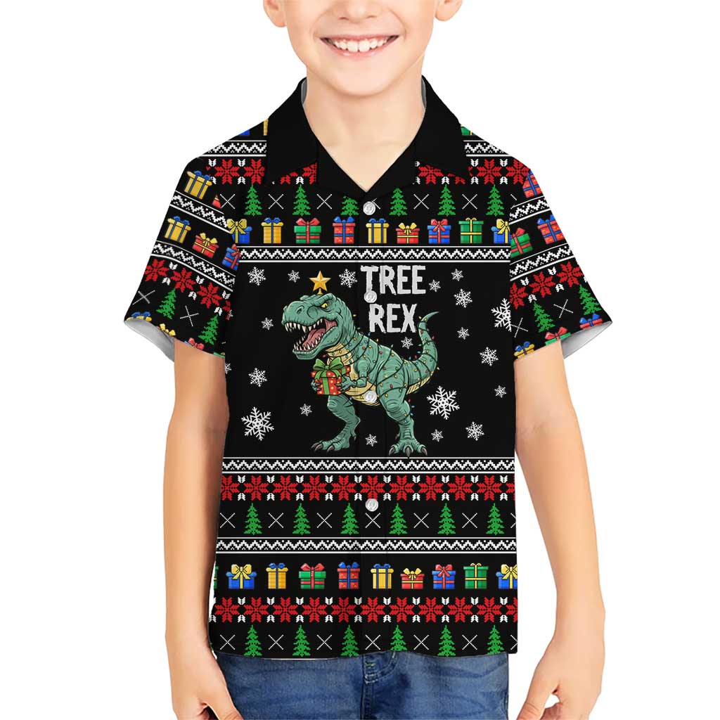 Tree Rex Christmas Family Matching Off The Shoulder Long Sleeve Dress and Hawaiian Shirt Xmas Holiday Patterns - Wonder Print Shop