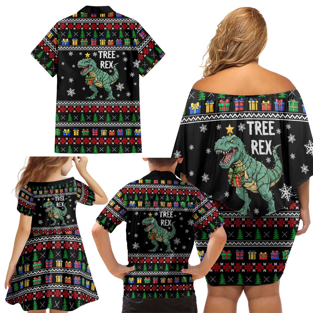 Tree Rex Christmas Family Matching Off Shoulder Short Dress and Hawaiian Shirt Xmas Holiday Patterns - Wonder Print Shop