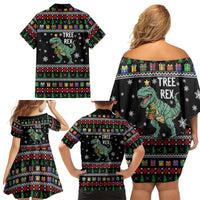 Tree Rex Christmas Family Matching Off Shoulder Short Dress and Hawaiian Shirt Xmas Holiday Patterns - Wonder Print Shop