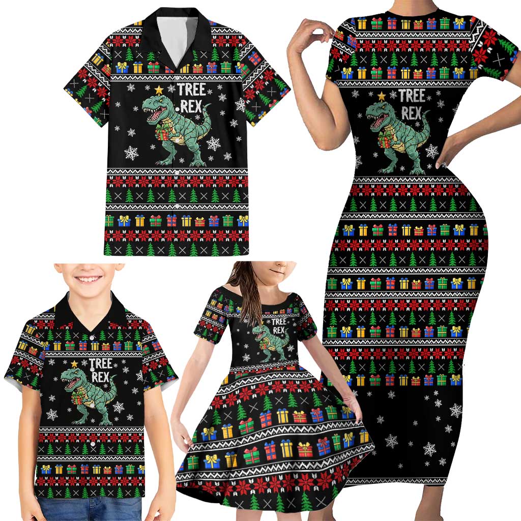 Tree Rex Christmas Family Matching Short Sleeve Bodycon Dress and Hawaiian Shirt Xmas Holiday Patterns - Wonder Print Shop