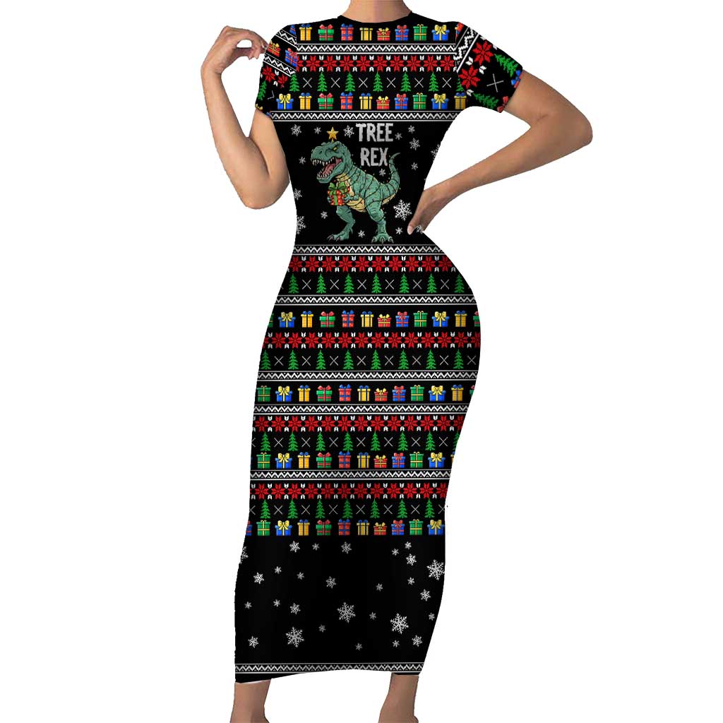 Tree Rex Christmas Family Matching Short Sleeve Bodycon Dress and Hawaiian Shirt Xmas Holiday Patterns - Wonder Print Shop