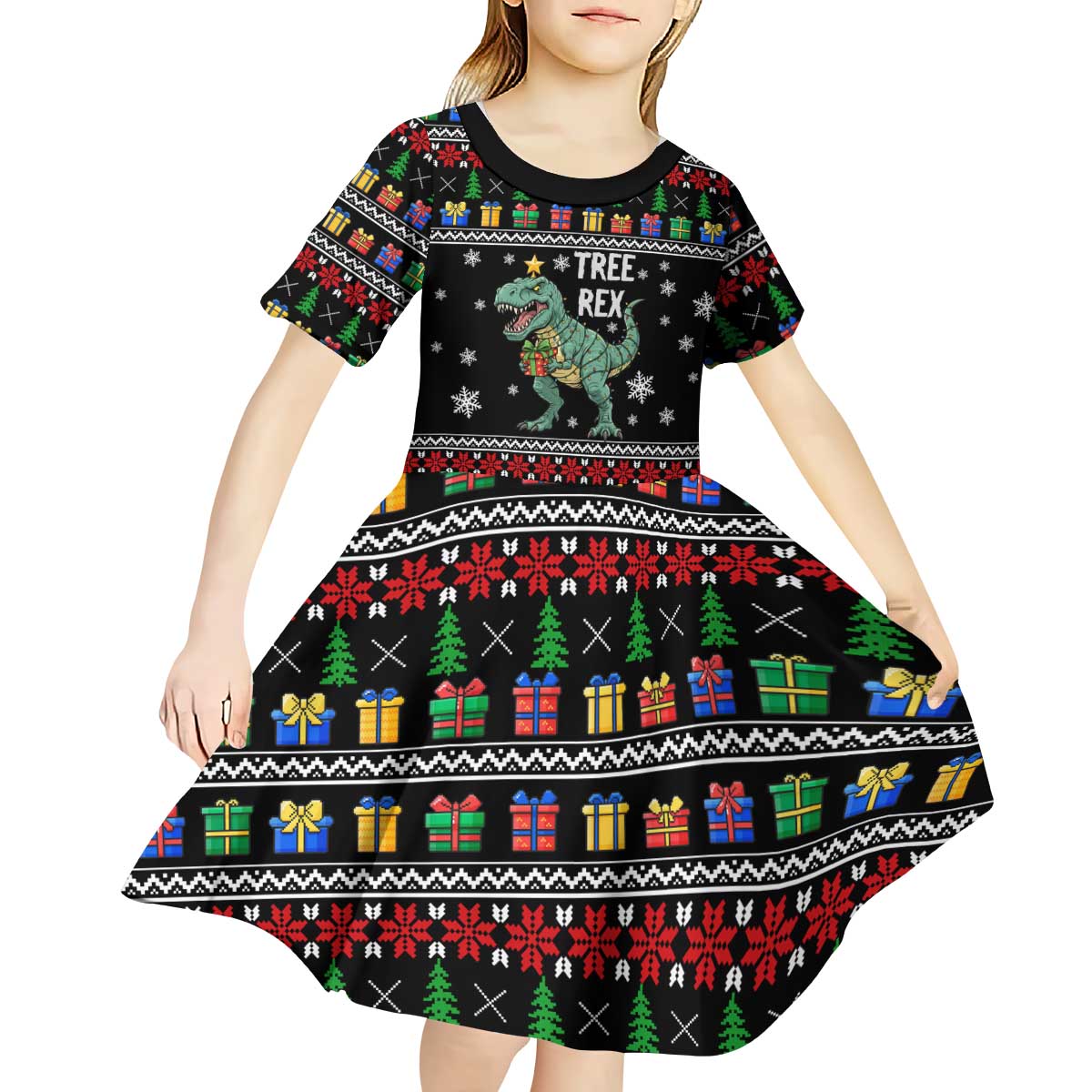 Tree Rex Christmas Kid Short Sleeve Dress Xmas Holiday Patterns - Wonder Print Shop