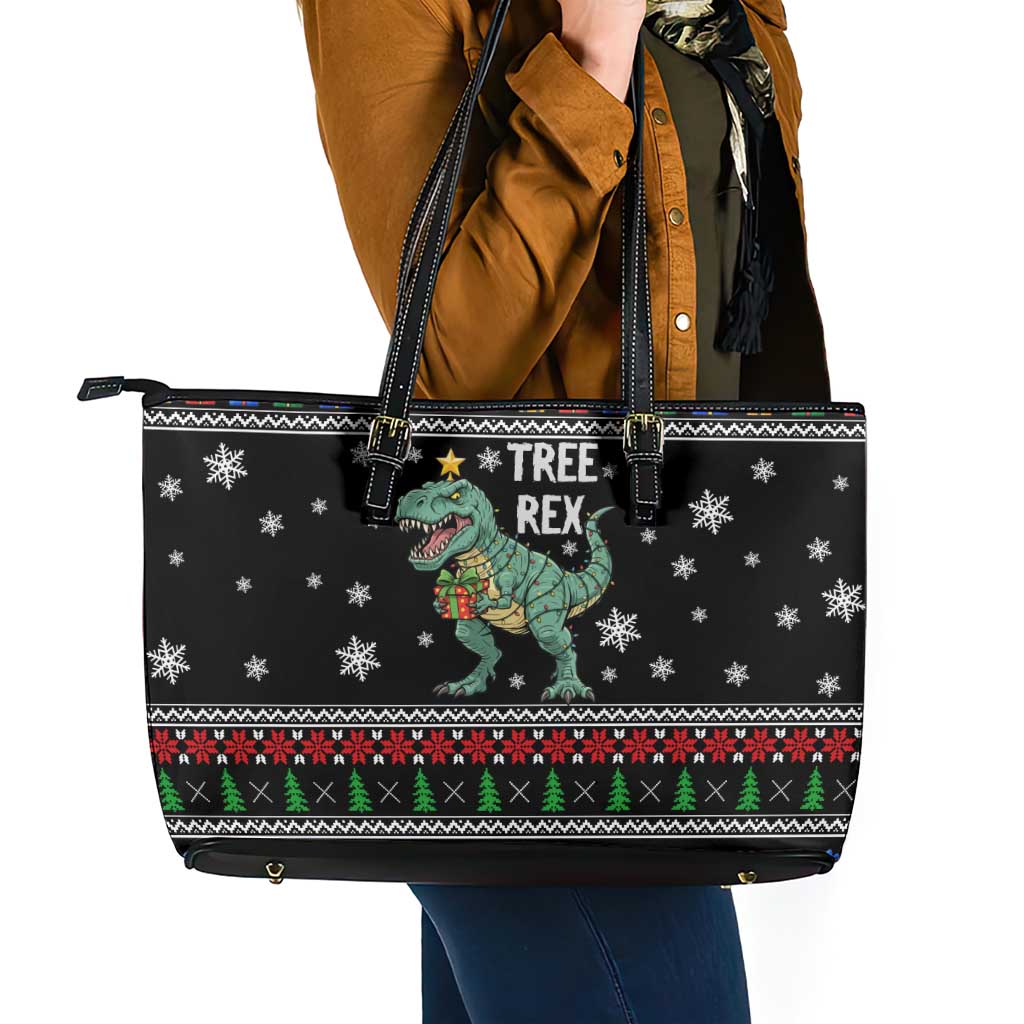 Tree Rex Christmas Leather Tote Bag Xmas Holiday Patterns - Wonder Print Shop