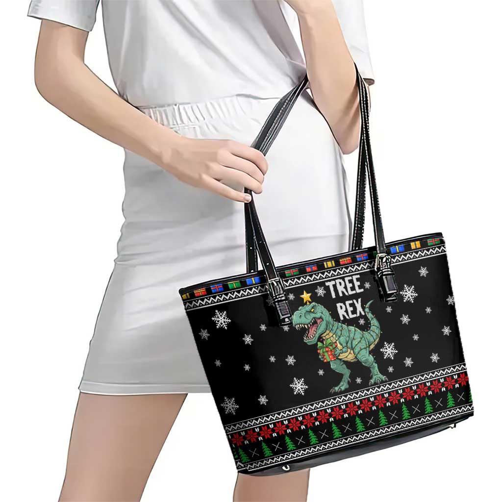 Tree Rex Christmas Leather Tote Bag Xmas Holiday Patterns - Wonder Print Shop