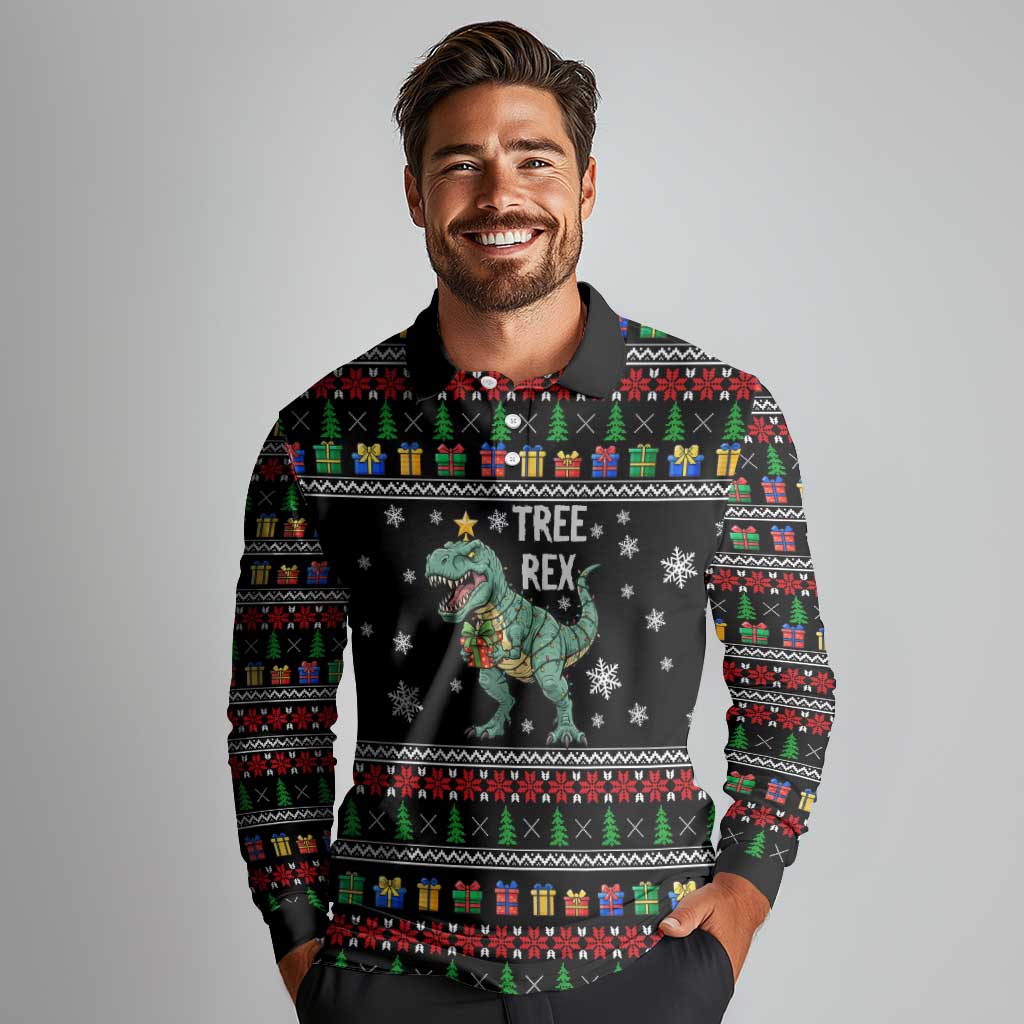 Tree Rex Christmas Long Sleeve Polo Shirt Xmas Holiday Patterns - Wonder Print Shop