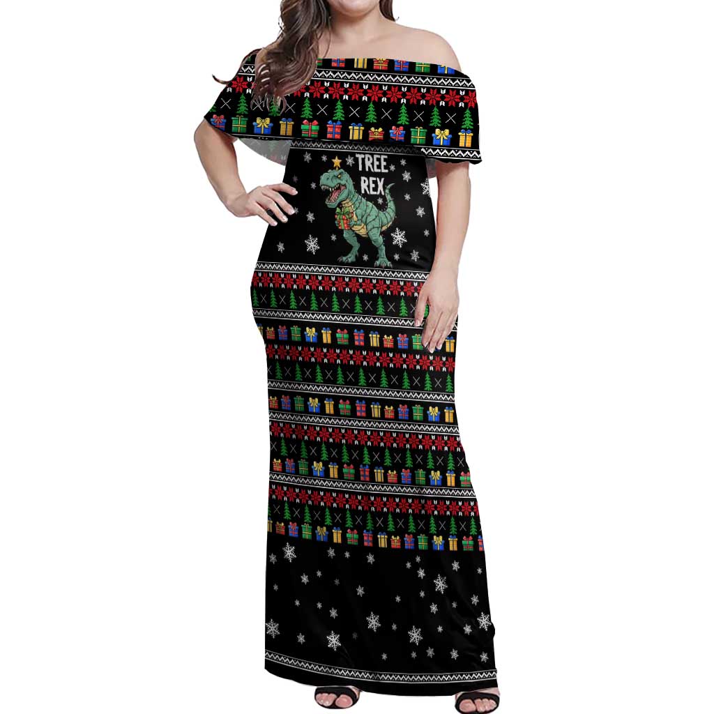 Tree Rex Christmas Off Shoulder Maxi Dress Xmas Holiday Patterns - Wonder Print Shop