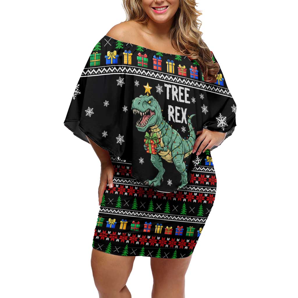 Tree Rex Christmas Off Shoulder Short Dress Xmas Holiday Patterns - Wonder Print Shop