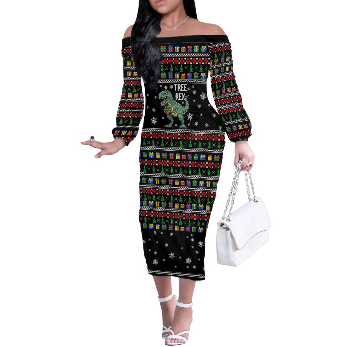 Tree Rex Christmas Off The Shoulder Long Sleeve Dress Xmas Holiday Patterns - Wonder Print Shop