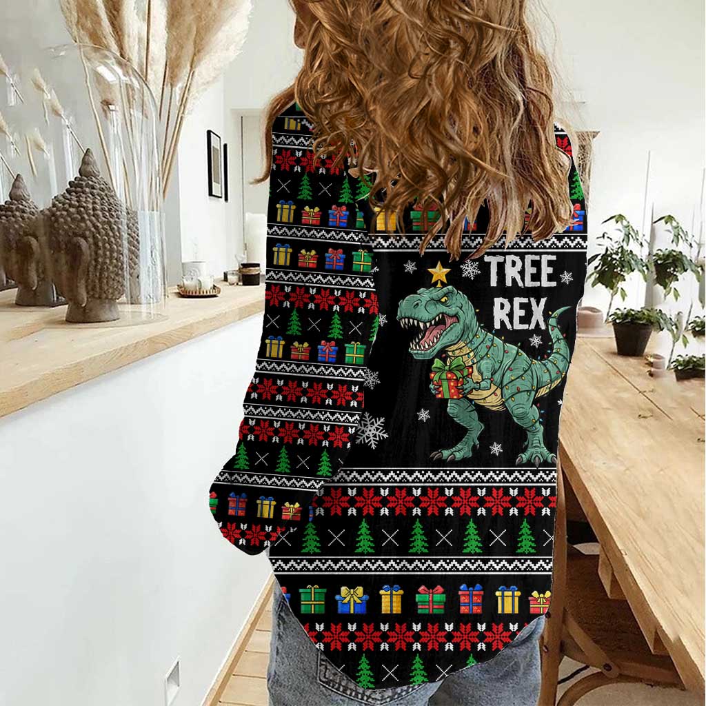 Tree Rex Christmas Women Casual Shirt Xmas Holiday Patterns - Wonder Print Shop