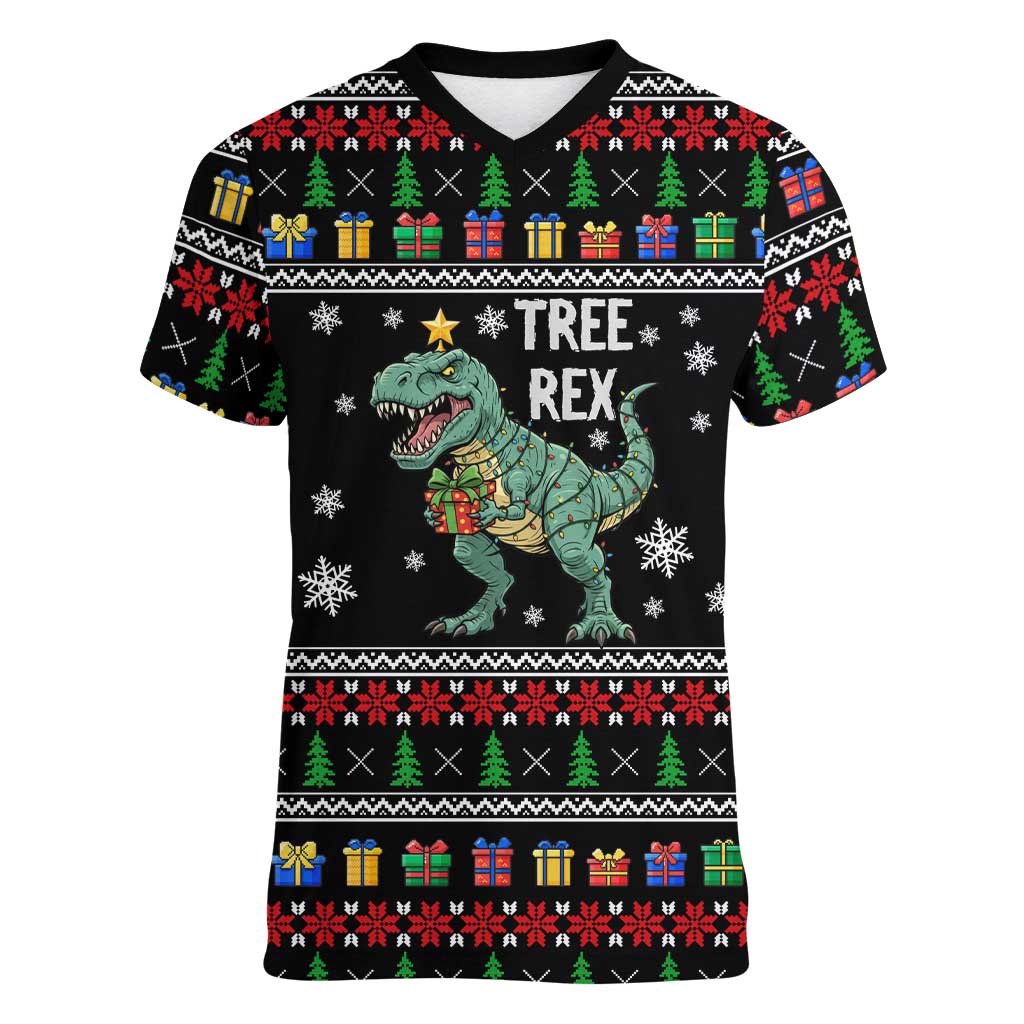 Tree Rex Christmas Women V-Neck T-Shirt Xmas Holiday Patterns - Wonder Print Shop
