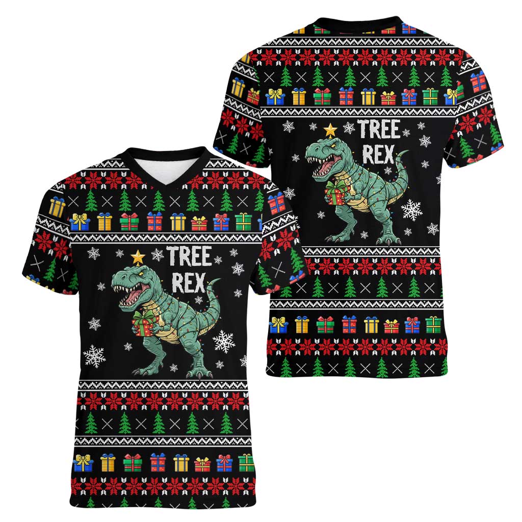 Tree Rex Christmas Women V-Neck T-Shirt Xmas Holiday Patterns - Wonder Print Shop