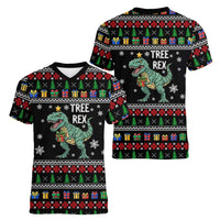 Tree Rex Christmas Women V-Neck T-Shirt Xmas Holiday Patterns - Wonder Print Shop