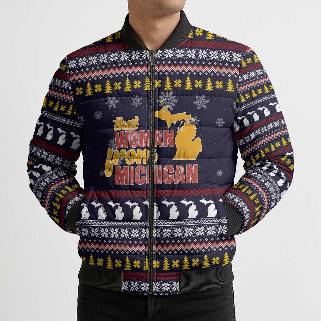 That Woman From Michigan Christmas Bomber Puffer Jacket Xmas Holiday Patterns - Wonder Print Shop