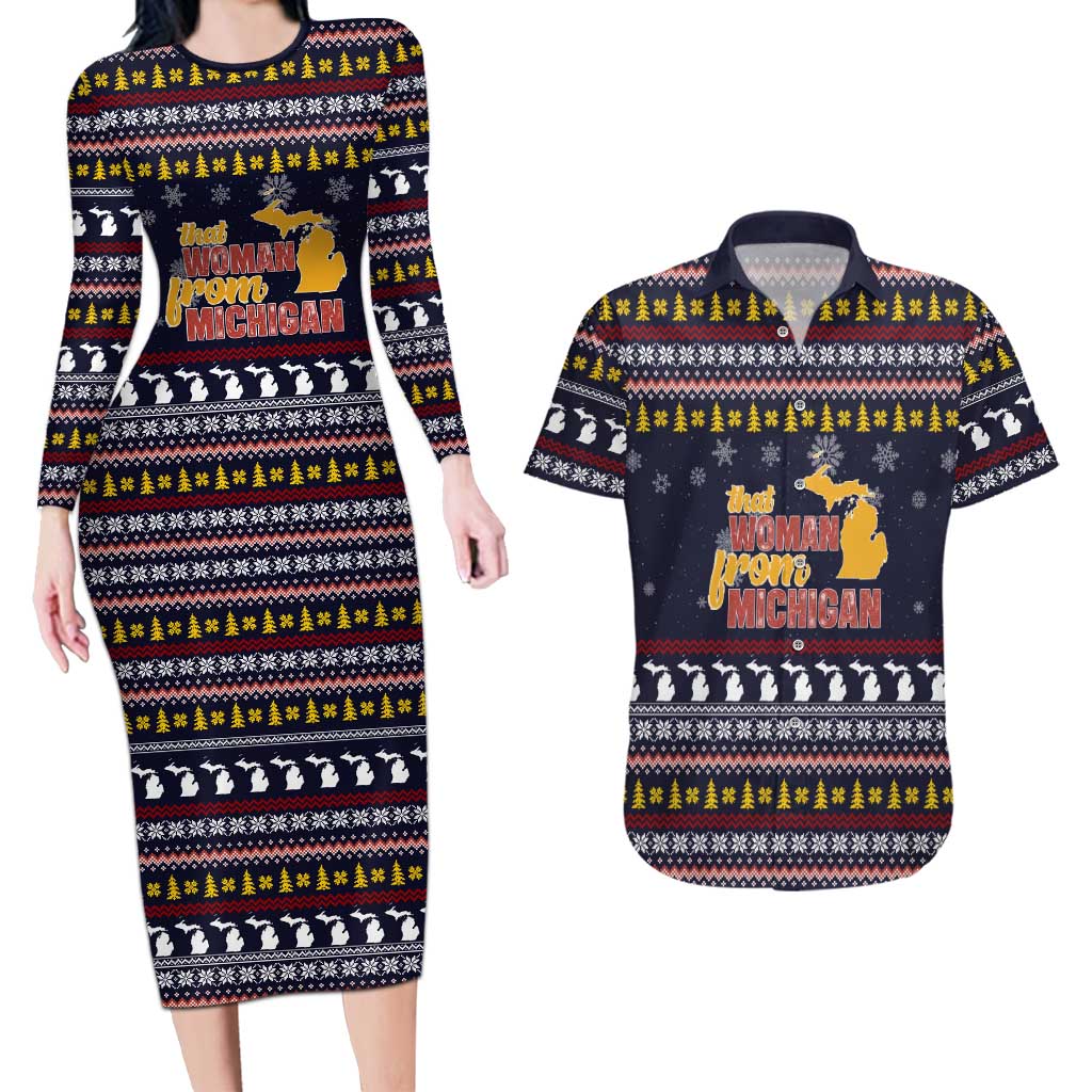 That Woman From Michigan Christmas Couples Matching Long Sleeve Bodycon Dress and Hawaiian Shirt Xmas Holiday Patterns - Wonder Print Shop