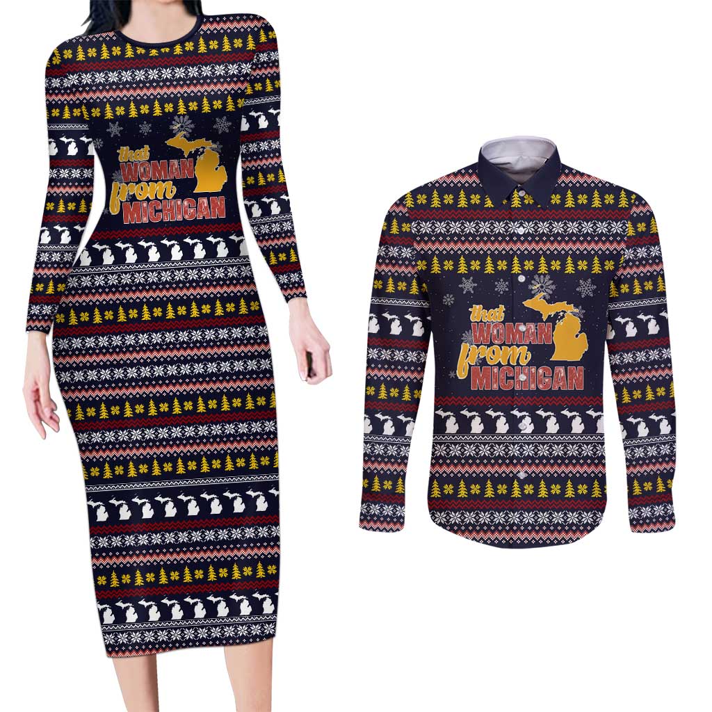 That Woman From Michigan Christmas Couples Matching Long Sleeve Bodycon Dress and Long Sleeve Button Shirt Xmas Holiday Patterns - Wonder Print Shop
