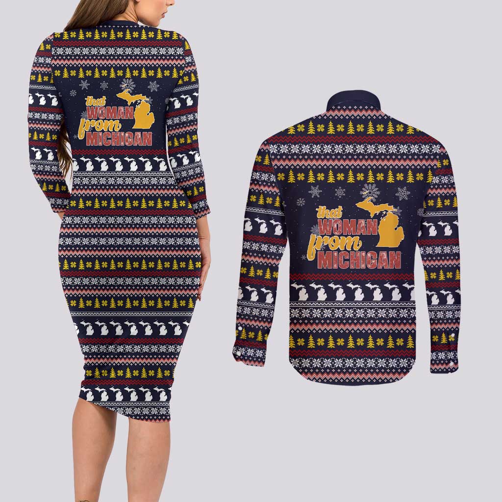 That Woman From Michigan Christmas Couples Matching Long Sleeve Bodycon Dress and Long Sleeve Button Shirt Xmas Holiday Patterns - Wonder Print Shop
