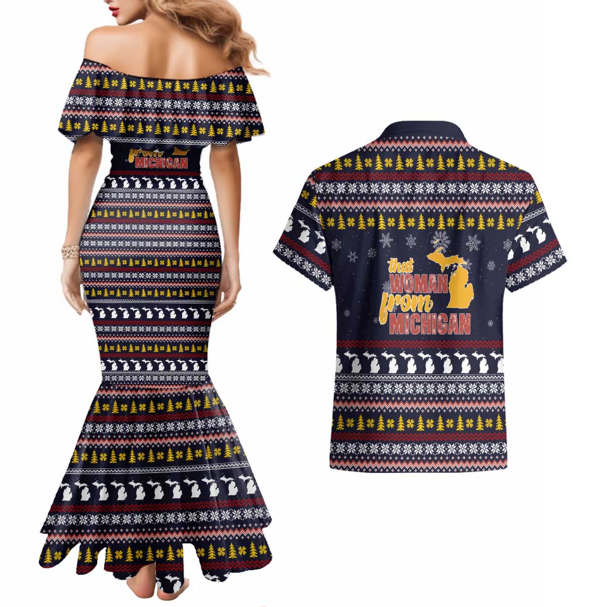 That Woman From Michigan Christmas Couples Matching Mermaid Dress and Hawaiian Shirt Xmas Holiday Patterns - Wonder Print Shop