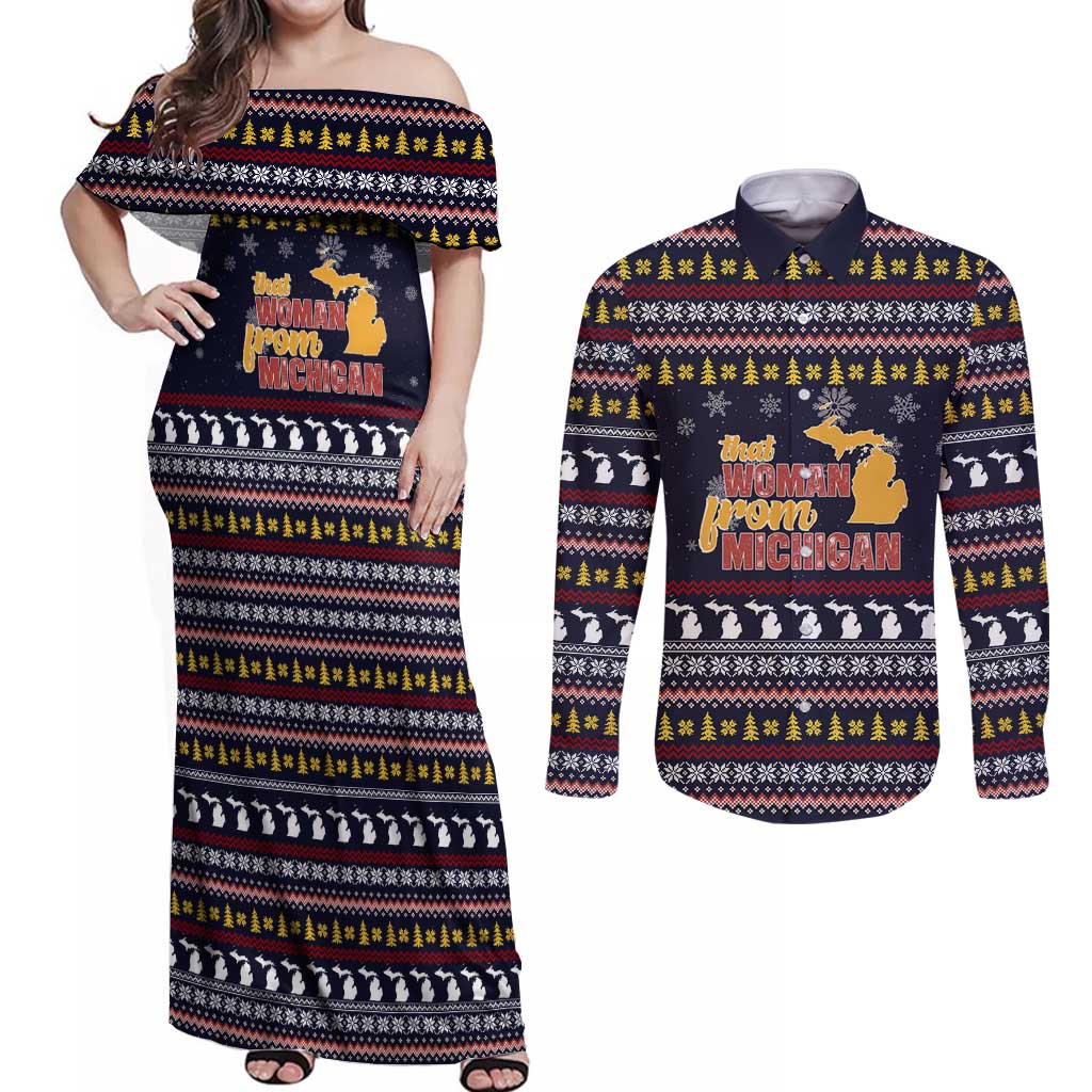 That Woman From Michigan Christmas Couples Matching Off Shoulder Maxi Dress and Long Sleeve Button Shirt Xmas Holiday Patterns - Wonder Print Shop