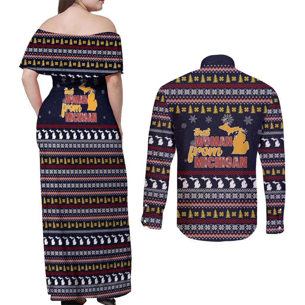 That Woman From Michigan Christmas Couples Matching Off Shoulder Maxi Dress and Long Sleeve Button Shirt Xmas Holiday Patterns - Wonder Print Shop