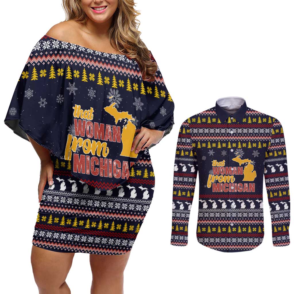 That Woman From Michigan Christmas Couples Matching Off Shoulder Short Dress and Long Sleeve Button Shirt Xmas Holiday Patterns - Wonder Print Shop