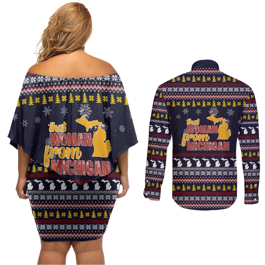 That Woman From Michigan Christmas Couples Matching Off Shoulder Short Dress and Long Sleeve Button Shirt Xmas Holiday Patterns - Wonder Print Shop