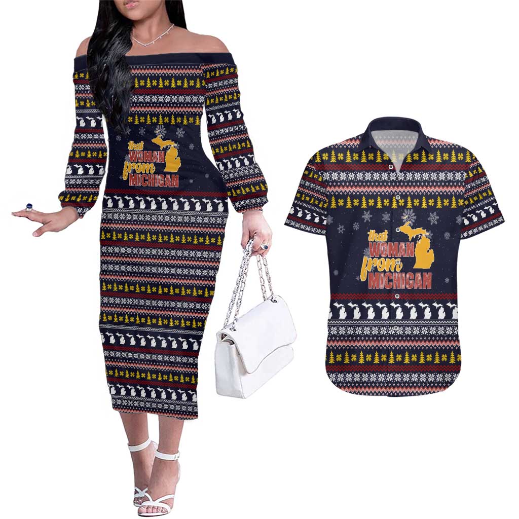 That Woman From Michigan Christmas Couples Matching Off The Shoulder Long Sleeve Dress and Hawaiian Shirt Xmas Holiday Patterns - Wonder Print Shop