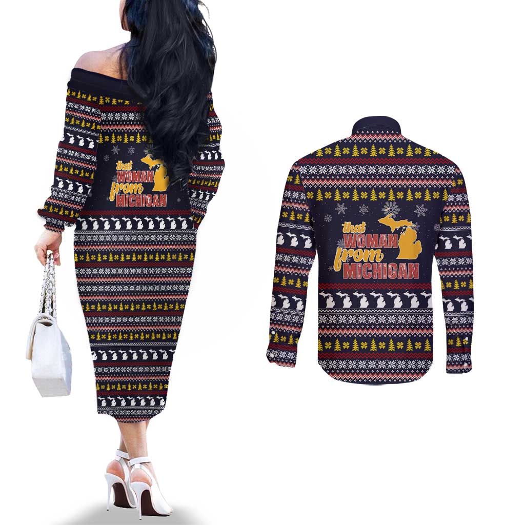 That Woman From Michigan Christmas Couples Matching Off The Shoulder Long Sleeve Dress and Long Sleeve Button Shirt Xmas Holiday Patterns - Wonder Print Shop