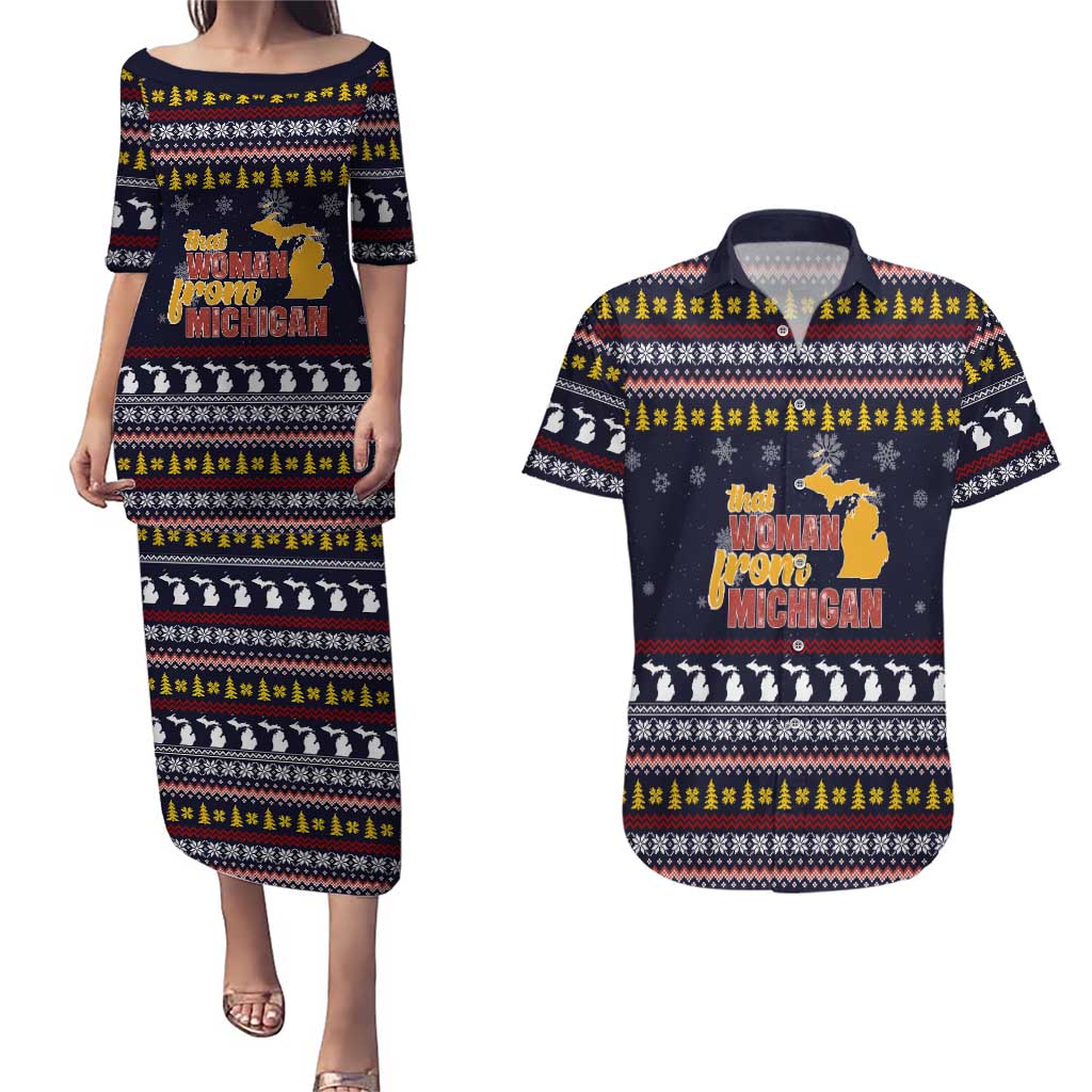 That Woman From Michigan Christmas Couples Matching Puletasi and Hawaiian Shirt Xmas Holiday Patterns - Wonder Print Shop