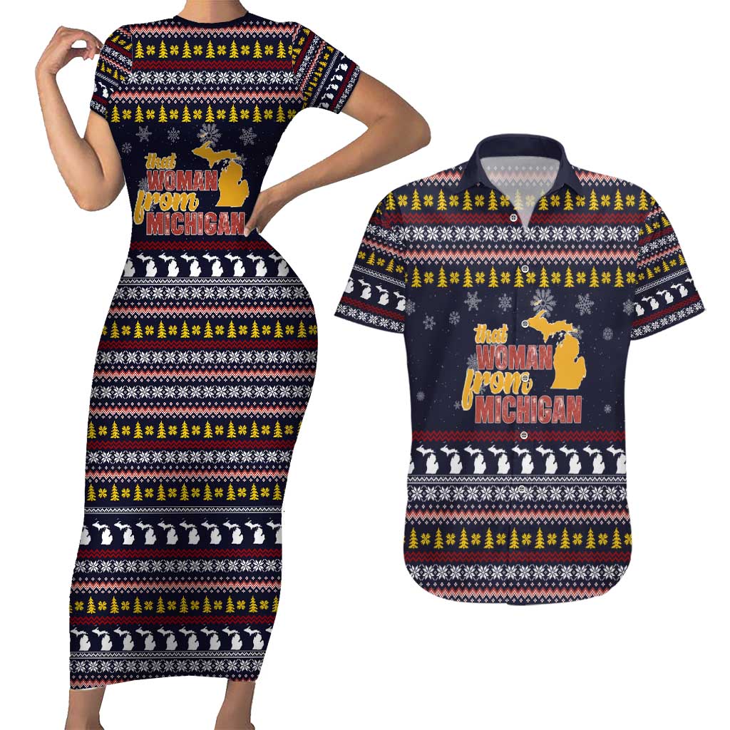 That Woman From Michigan Christmas Couples Matching Short Sleeve Bodycon Dress and Hawaiian Shirt Xmas Holiday Patterns - Wonder Print Shop