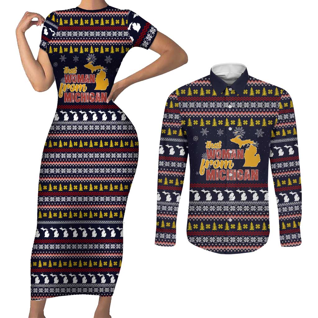 That Woman From Michigan Christmas Couples Matching Short Sleeve Bodycon Dress and Long Sleeve Button Shirt Xmas Holiday Patterns - Wonder Print Shop