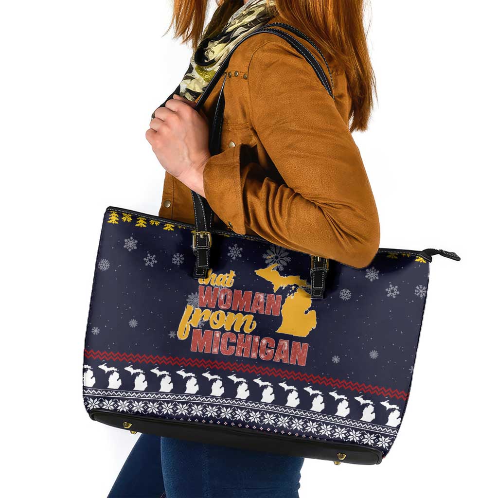 That Woman From Michigan Christmas Leather Tote Bag Xmas Holiday Patterns - Wonder Print Shop