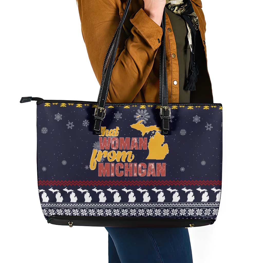 That Woman From Michigan Christmas Leather Tote Bag Xmas Holiday Patterns - Wonder Print Shop