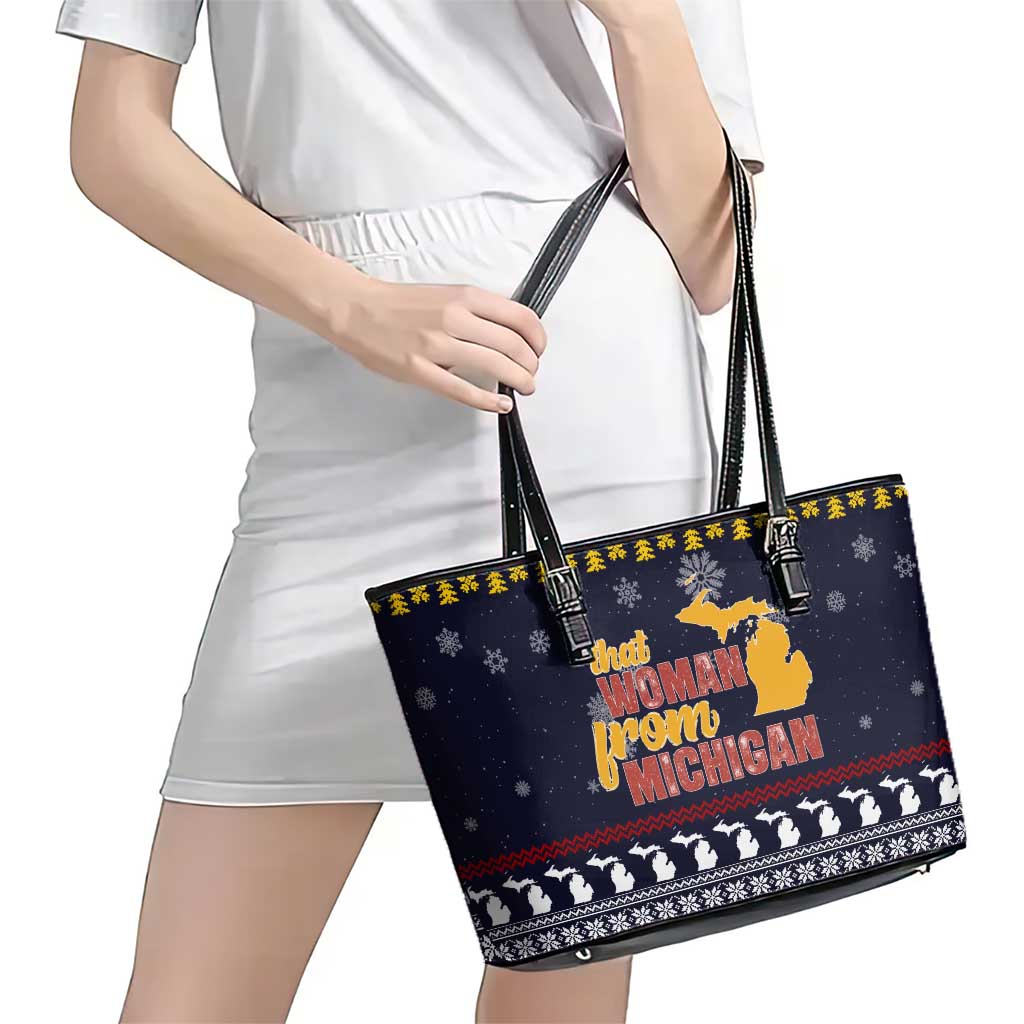 That Woman From Michigan Christmas Leather Tote Bag Xmas Holiday Patterns - Wonder Print Shop