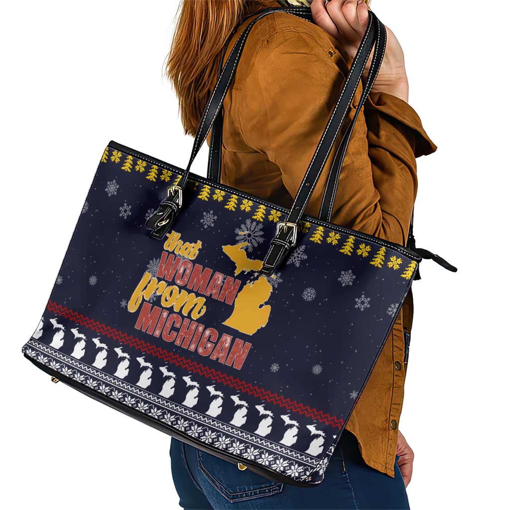 That Woman From Michigan Christmas Leather Tote Bag Xmas Holiday Patterns - Wonder Print Shop